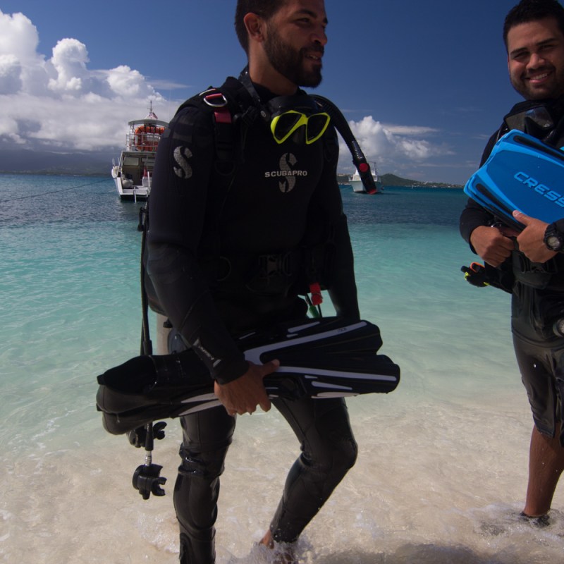 Scuba divers with equipment emerging from the beach