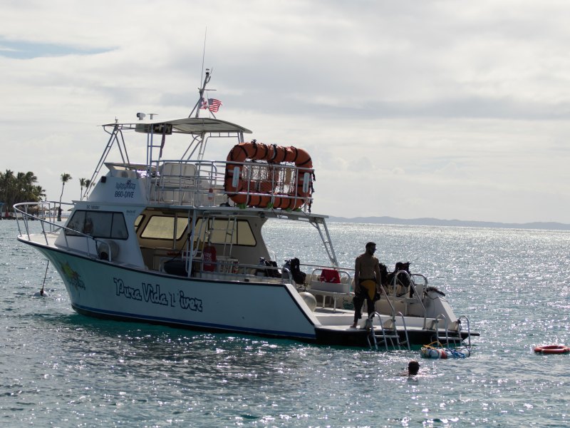 Pura Vida anchored in the sea